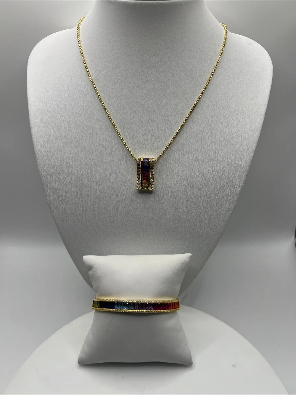 509. 18k Gold Plated Rainbow Bar Pendant Necklace with Matching Bangle